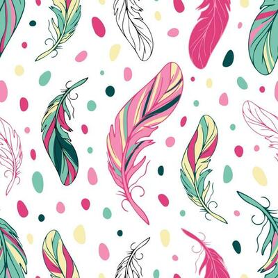 Feathers seamless bright ethnic pattern in boho style. Color spots in neon vintage colors. Tribal theme, 90s, hippie, psychedelic, dream catchers, boho chic. For wallpaper, fabric, background.