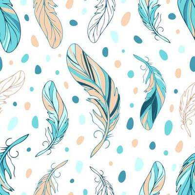 Feathers seamless bright ethnic pattern in boho style. Color spots in pastel colors. Tribal theme, Indians, dream catchers, boho chic. For wallpaper, fabric, wrapping, background