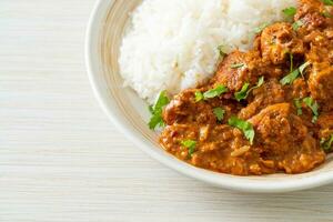 chicken tikka masala with rice on plate photo