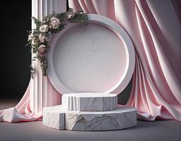 Abstract 3d podium for product presentation with geometric shapes, Empty round podium,Platforms for product presentation with shadows and light background. photo