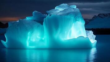 luminiscente iceberg en el lago a noche ai generado foto