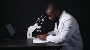 Scientist or student using laptop microscope at lab photo