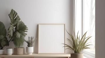 Empty square frame mockup in modern minimalist interior with plants on white wall background, Template for artwork, painting, photo or poster