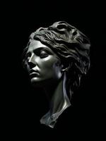 bronce estatua de un mujer cabeza en un negro antecedentes ai generado foto