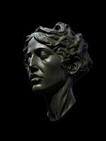 Bronze statue of a woman's head on a black background photo