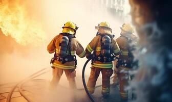 Firefighter Rescue team training in fire fighting extinguisher photo