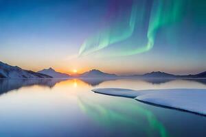 puesta de sol y Aurora a Nevado montaña lago ai generado foto