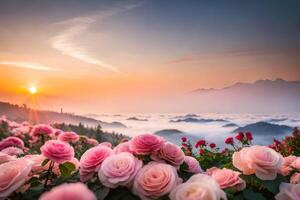 hermosa rosado rosas floreciente en el jardín con puesta de sol antecedentes ai generado foto