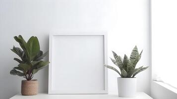 Empty square frame mockup in modern minimalist interior with plants on white wall background, Template for artwork, painting, photo or poster