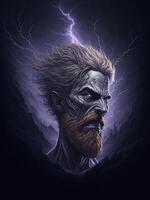 Zombie man with lightning and thunder. Halloween concept photo