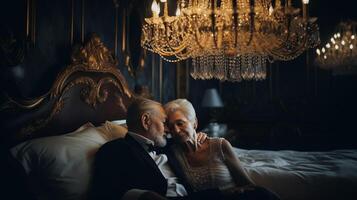 senior couple, sleeping inside a luxurious chandelier, moody, romantic atmosphere photo