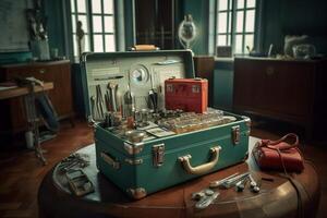 doctor's equipment set a suitcase containing surgical medical equipment at the hospital photo