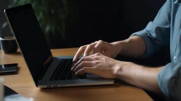 Young man using laptop computer with blank empty mockup screen. Business man working at office. Freelance, student lifestyle, e-learning, shopping online, web site, technology concept photo