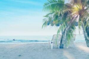 Blur summer sea with palm tree and beach chair and copy space,sky relaxing concept,beautiful tropical background for travel landscape photo