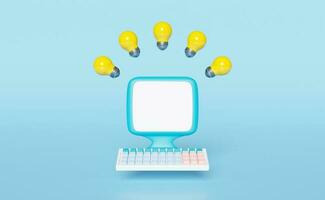 laptop computer monitor with yellow light bulb isolated on blue background.idea tip concept,3d illustration,3d render photo