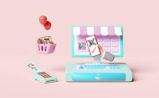 hand holding mobile phone,smartphone with cash register machine,pos terminal,qr code scanner isolated on pink background.cashless payment ,online shopping concept,3d illustration,3d render photo