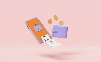 mobile phone,smartphone with wallet,dollar coin,unlock, invoice,paper receipt isolated on pink background.Internet security,privacy protection,ransomware protect concept,3d illustration,3d render photo