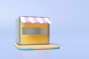 tienda icono o vacío Tienda frente con a rayas toldo aislado en azul pastel antecedentes. puesta en marcha franquicia negocio concepto, 3d hacer ilustración, recorte camino foto