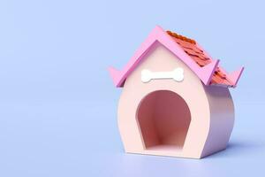3d pink dog house icon and bone symbol isolated on blue background. 3d render illustration, clipping path photo