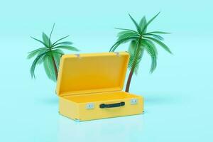 3d yellow open suitcase empty with palm tree isolated on blue background. summer travel concept, 3d render illustration, clipping path photo