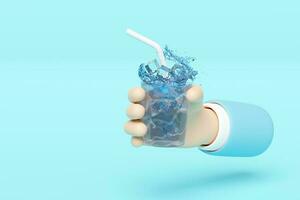 3d businessman hands holding glass with ice cubes, water splash, drinking straws, clear blue water scattered around isolated on blue background. 3d render illustration photo