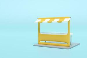 3d yellow white booth shop icon or empty retail store front with striped awning isolated on blue background. startup franchise business concept, 3d render illustration, clipping path photo