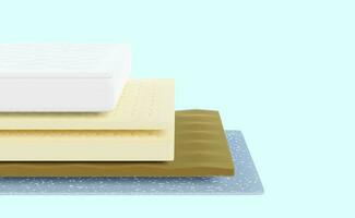 3d 4 layered sheet material mattress with fabric, soft sponge, latex, memory foam isolated on blue background. minimal abstract, 3d render illustration, clipping path photo