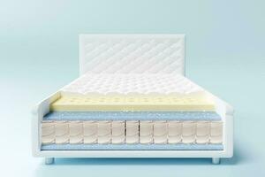 3d layered sheet material mattress with air fabric, pocket springs, natural latex, memory foam isolated on blue background. 3d render illustration, clipping path photo