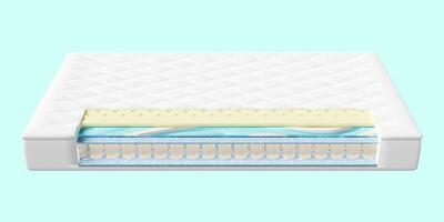 3d layered sheet material mattress with air fabric, pocket springs, natural latex, memory foam isolated on blue background. 3d render illustration, clipping path photo