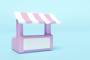 3d pink white booth shop icon or empty retail store front with striped awning isolated on blue background. startup franchise business concept, 3d render illustration, clipping path photo