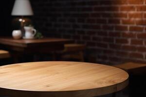 Empty wooden table top and blurred cafe interior on the background. Copy space for your object, product, food or drink presentation. . photo