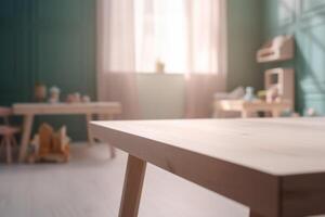 Empty wooden table top and blurred kids room interior on the background. Copy space for your object, product, toy presentation. Display, promotion, advertising. . photo