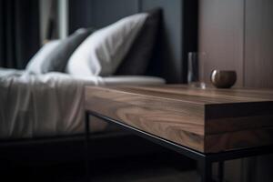 Empty wooden table top and blurred bedroom interior on the background. Copy space for your object, product, cosmetic presentation. Display, promotion, advertising. . photo