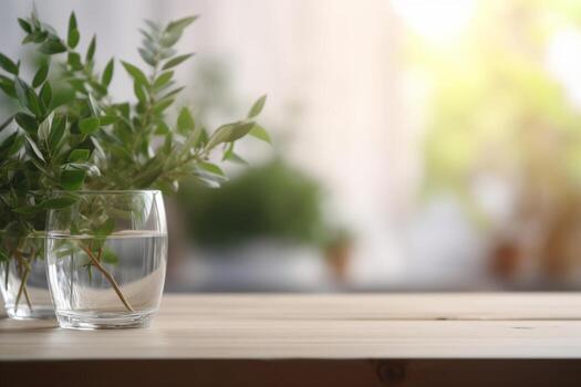 Empty wooden table top and blurred plants on the background. Copy space for your object, product presentation. Display, promotion, advertising. . photo