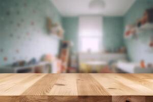 Empty wooden table top and blurred kids room interior on the background. Copy space for your object, product, toy presentation. Display, promotion, advertising. . photo