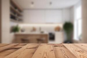 Empty wooden table top and blurred kitchen, dining room interior on the background. Copy space for your object, product, food presentation. . photo