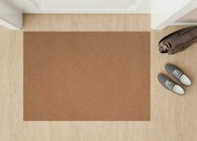 Blank brown door mat on the floor at home. Welcome mat with copy space for your text. Doormat mock up. Carpet at entrance for wiping dirty shoes. Mockup. 3D Rendering. photo