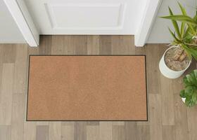 Blank brown door mat on the floor at home. Welcome mat with copy space for your text. Doormat mock up. Carpet at entrance for wiping dirty shoes. Mockup. 3D Rendering. photo