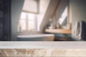 Empty beige marble table top and blurred bathroom interior on the background. Copy space for your object, product, cosmetic presentation. . photo