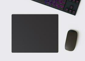 Blank and black computer mouse pad on the desk at home. Mousepad mockup. Copy space for your picture or text. Empty mouse mat ready for your design. Mock up, template. 3D render. photo