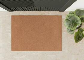 Blank brown door mat on the floor at home. Welcome mat with copy space for your text. Doormat mock up. Carpet at entrance for wiping dirty shoes. Mockup. 3D Rendering. photo