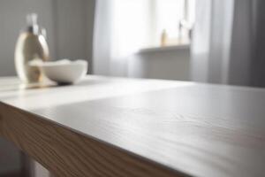 Empty wooden table top and blurred dining room interior on the background. Copy space for your object, product, food presentation. . photo