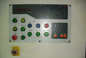 Voltage switchboard panel, electrical components at plant and factory with circuit breakers. photo