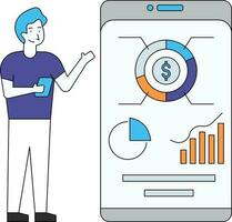 The boy shows a dollar graph on his cell phone. vector