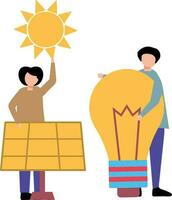 Boy and girl getting light from solar panel. vector