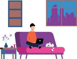 Boy sitting on sofa working online from home. vector