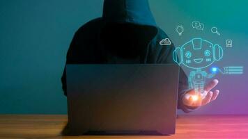 Hackers are stealing data from internet network using AI. Data protection concept, illegal use of AI photo