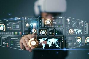 Data scientists.  a programmer wears VR glass to analyze and develop various information on a futuristic virtual interface screen. Algorithm. marketing and deep learning of artificial intelligence photo