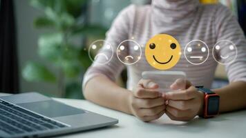 Customer Satisfaction Survey, smile face for satisfaction, service experience rating online application, customer evaluation product service quality, satisfaction feedback review, good quality most. photo