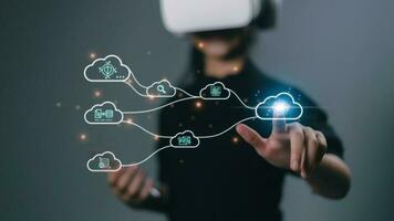 Women wear VR glasses and access Cloud Technology Internet Network data systems and databases through technology. Cloud computing concept photo